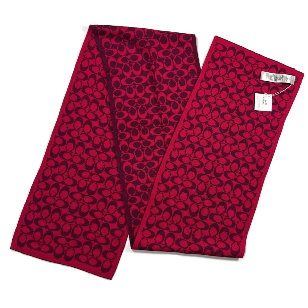 COACH Signature C Knit Scarf Reversible Fuchsia Merino Wool 10.5 x 72‎ New NWT